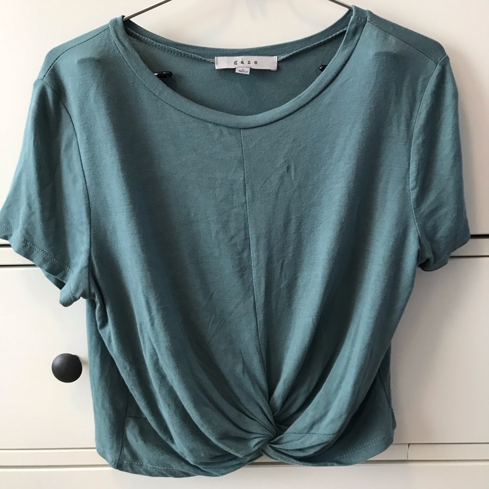 Turquoise Gaze Twist Tie Front Crop Top